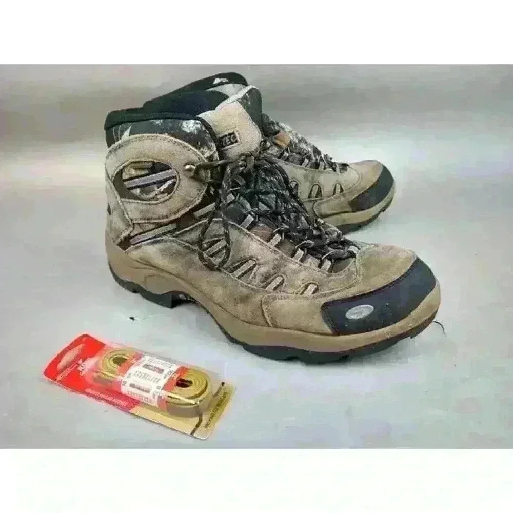 Hi-Tec Bandera Mid Waterproof Hiking Boots Suede Leather Tan Mens‎ 14 New Laces